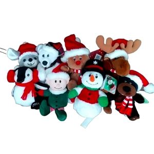 Lot of 7 Plush Beanies Bears Mouse Moose Penguin Elf Snowman Gingerbread Boy